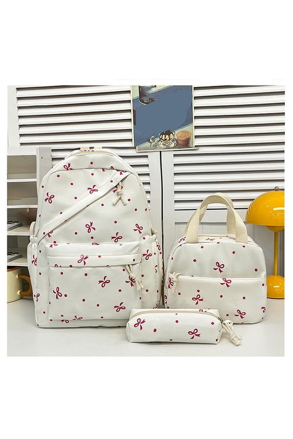 3 Pcs Bow Backpacks for Women Kawaii Coquette Nylon Backpack Cute College Laptop Rucksack Fashion Travel Daypack with Bow Print White 11.8 In