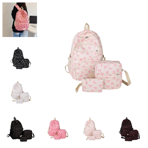 3 Pcs Bow Print Backpack Set, Large Capacity Cute Versatile Rucksack with Matching Shoulder Bag and Mini Handbag for Teen Girls Women Daily School Travel