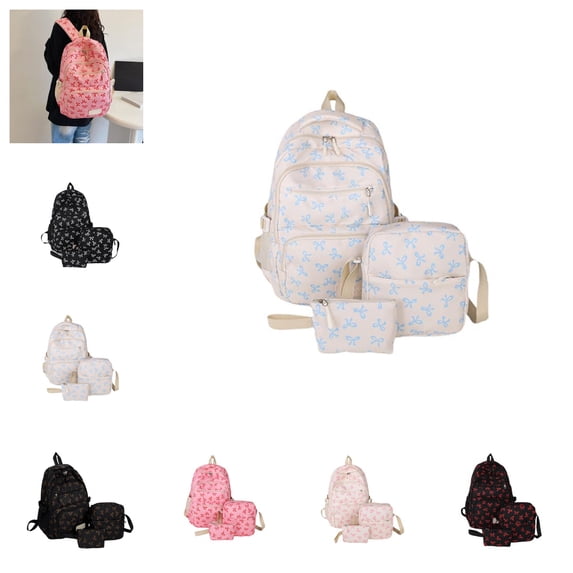 3 Pcs Bow Print Backpack Set, Large Capacity Cute Versatile Rucksack with Matching Shoulder Bag and Mini Handbag for Teen Girls Women Daily School Travel
