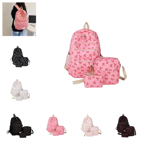 3 Pcs Bow Print Backpack Set, Large Capacity Cute Versatile Rucksack with Matching Shoulder Bag and Mini Handbag for Teen Girls Women Daily School Travel