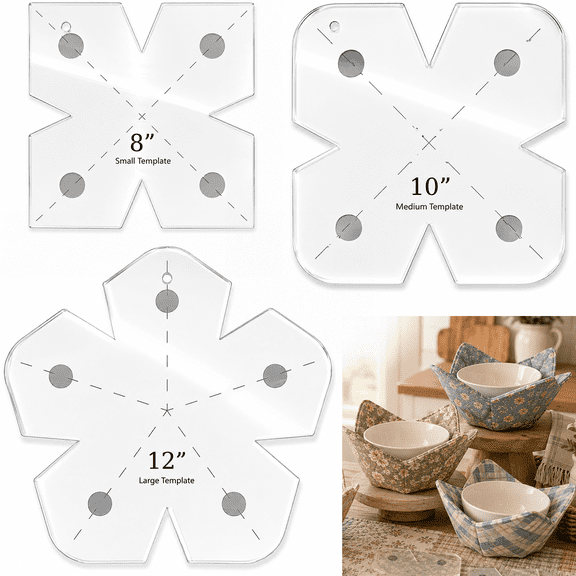 3 Pcs Bowl Cozy Pattern Template, Floral Petal Edge Quilting Cutting Template Set, 8/10/12 Inch Clear Acrylic Bowl Wrap Sewing Stencils for DIY Microwave Bowl Cozy