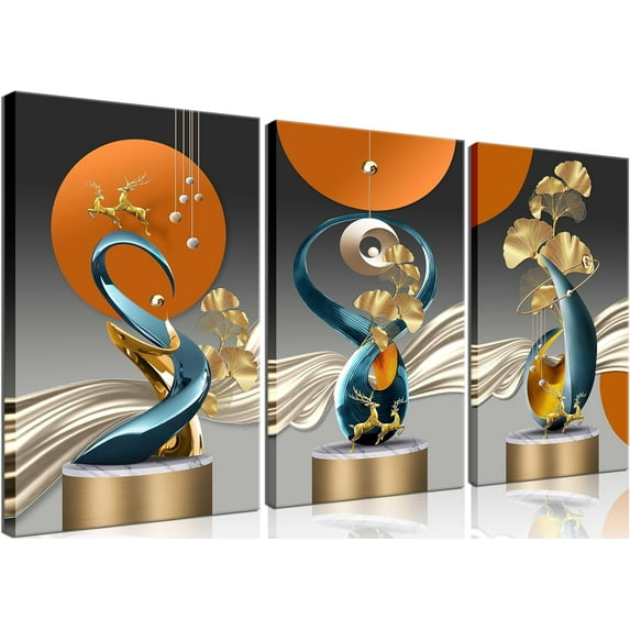 3 Pcs Bright Style Canvas wall Art Golden Deer Luxury Foil Lines Paintings Pictures Modern Abstract White Blue orange color Grey Posters Prints for Living Room Bedroom Office Home Wall Decor Framed