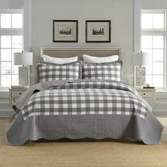 3 Pcs Buffalo Plaid Check Quilted Bedspread Set In Grey And White Checkered Pattern