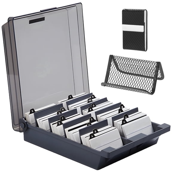 Business Card Holder for Desk, Large Plastic Business Card Organizer Box, 1000 Card Capacity, 4-Section File with Alphabetical Dividers, 1 Portable Card Case and 1 Metal Mesh Card Display Stand