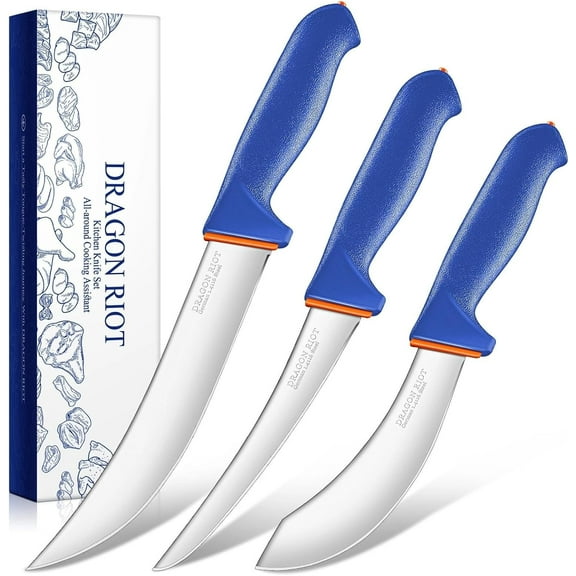 3 Pcs Butcher Knives Set, Meat Processing Knife Set for Brisket Trimming with German Stainless Steel and Blue Non-slip Handle Gift for Men
