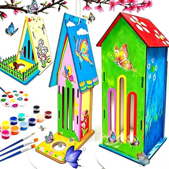 Beautysureup 3 Pcs Butterfly Habitat with Feeders, Arts and Crafts for Kids Ages 4-8, Diy Bird Feeder Crafts for Kid to Build and Paint, Wooden Ladybird Monarch Caterpillars Kit, Outdoor Garden Decor