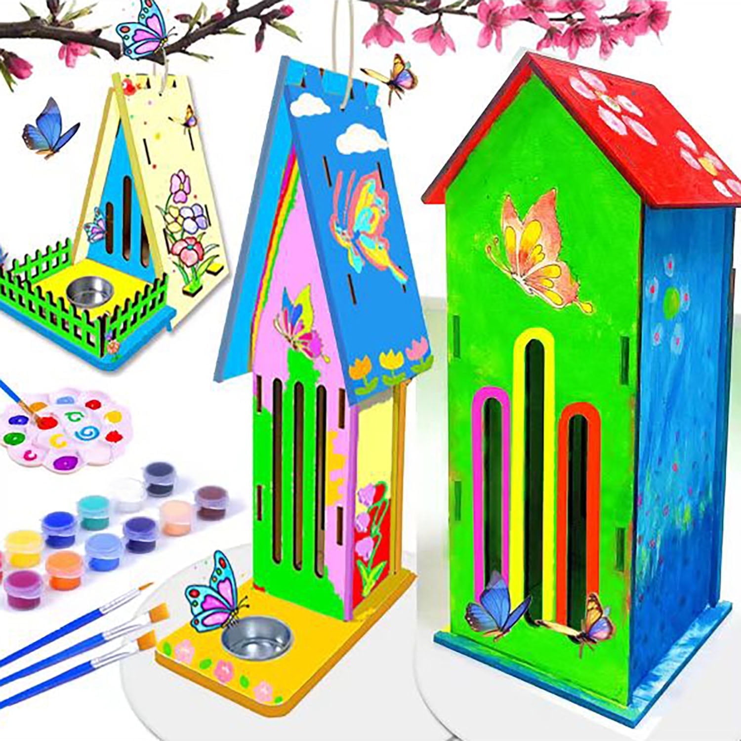 Beautysureup 3 Pcs Butterfly Habitat with Feeders, Arts and Crafts for Kids Ages 4-8, Diy Bird Feeder Crafts for Kid to Build and Paint, Wooden Ladybird Monarch Caterpillars Kit, Outdoor Garden Decor