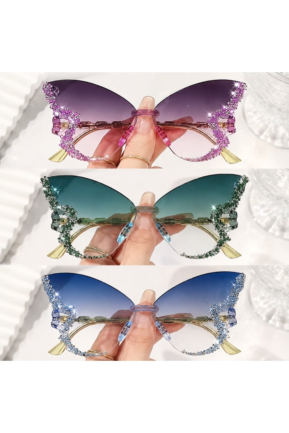 3 Pcs Butterfly Rimless Sunglasses for Women, Studded Fashion Sunglasses Set, Trendy Oversized Frameless Glasses for Summer Travel, Beach Parties, Vacation Photos, Festival Accessories and Gifts