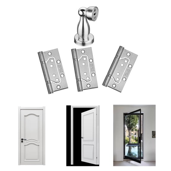 3 Pcs Cabinet Closet Door 4" Long Butt Hinge with Door Stop Set Anti-Collision Silent Buffer Door Stopper Strap Hinges