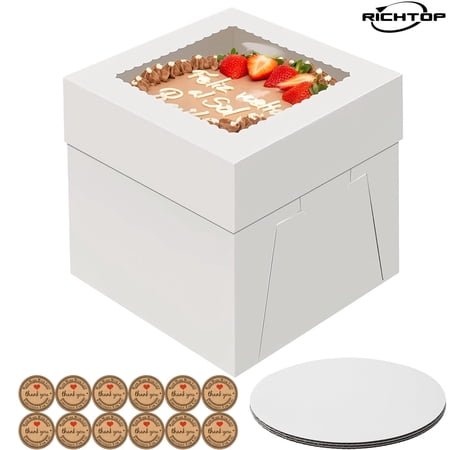 3 Pcs Cake Boxes, 8x8x8 inch Tall Cake Box with Window, White Square Cake Boxes with Cake Boards, Disposable Cardboard Bakery Boxes for Cake Pastry Donuts Pies Cookies Wedding Birthday Party