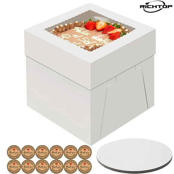3 Pcs Cake Boxes, 8x8x8 inch Tall Cake Box with Window, White Square Cake Boxes with Cake Boards, Disposable Cardboard Bakery Boxes for Cake Pastry Donuts Pies Cookies Wedding Birthday Party