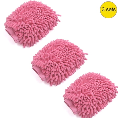 3 Pcs Car Cleaning Tool Fuchsia Microfiber Chenille Wash Mitt Window Washing Glove Duster