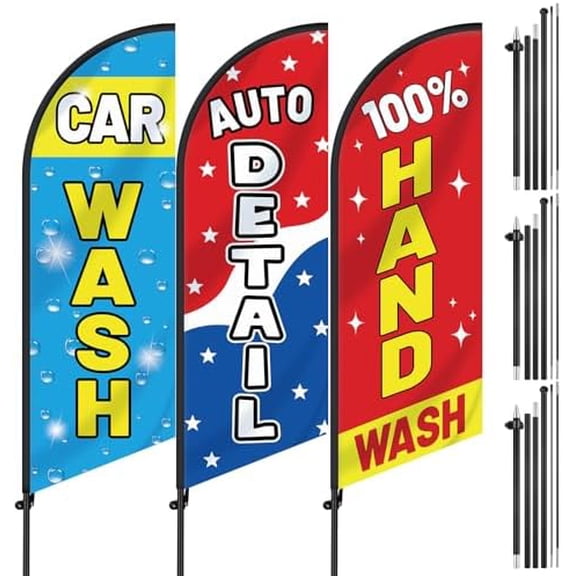 3 Pcs Car Wash Sign Car Wash Flags Feather Flag Banner Auto Detail Hand Wash Sign Feather Advertising Flag with Pole Kit Weatherproof Polyester Flag for Business Advertising$$Other