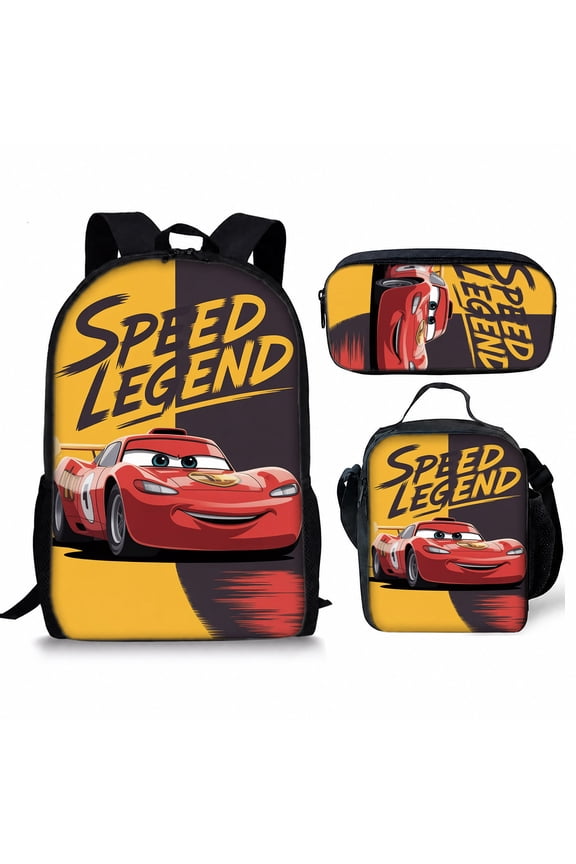 3-Pcs Cartoon Racing Cars Schoolbag with Lunch Box Pencil Case Set, 17" Cool Anime Backpack Water-Resistant Travel Outdoor Daypack Durable Bookbag