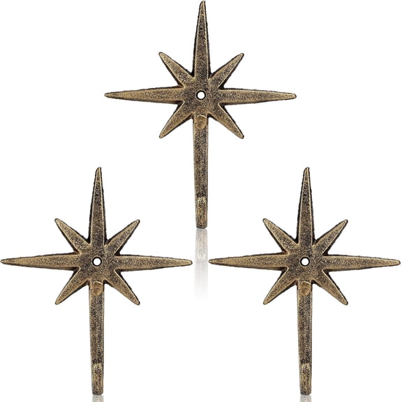 3 Pcs Cast Iron 8 Pointed Atomic Starburst Cute Wall Hooks Mid Century Star Hooks Modern Decor Easy Install Decorative Towel Hook for Coats Aprons Hats Vintage and Eclectic Decor