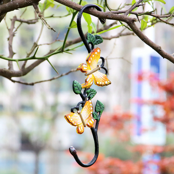 3 Pcs Cast Iron Garden Hook, 11-11.8 in S Hook for Hanging, Hand-Painted Decorative Flower Pot Hanger with Butterfly, Heavy Duty Outdoor Large Strong Hooks for Bird Feeders