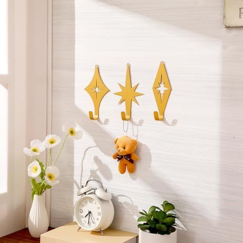 3 Pcs Cast Iron Stars Wall Decor Mid Century Modern Hook Gold Starburst Metal Walls Art Retro Modern Mid Century Wall Decor Atomic Stars Walls Hangings for Home Office Living Room Kitchen