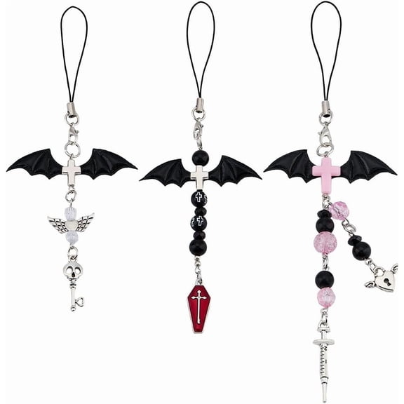 3 Pcs CelePhone Charms Gothic Phone Lanyard String Mobile Phone Chain Straps Bat Wings Themed Cell Beads Pendant for Telephone Bag Keychain Camera Decor for DIY