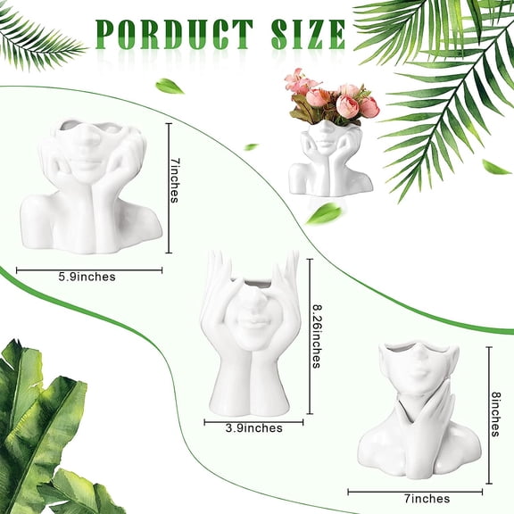 3 Pcs Ceramic Face Vase Female Form Flower Modern Body Vase for Decor with Head Half Body Bust Centerpiece for Table Shelf Home Bedroom Room Office(Large,White)