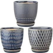 3 Pcs Ceramic Flower Planter Pots 4 Inch with Drainage Hole and Ceramic Tray for Succulents Cactus Indoor Outdoor Garden Home Windowsill Blue