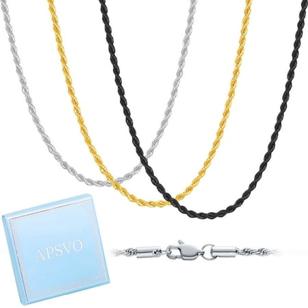 APSVO 3 Pcs Chain Necklace for Men Women 3mm Stainless Steel Silver Black Gold Twisted Braided Rope Chains Set Paired with Pendants Birthday Jewelry Gifts Ideas Dad Mom Teen Age 16"