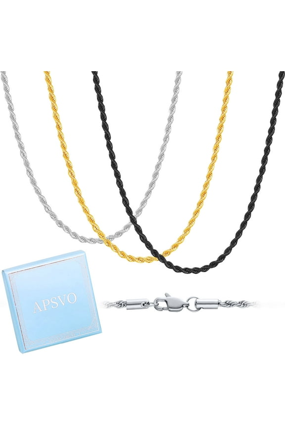 3 Pcs Chain Necklace for Men Women 3mm Stainless Steel Silver Black Gold Twisted Braided Rope Chains Set Paired with Pendants Birthday Jewelry Gifts Ideas Dad Mom Teen Age 16"