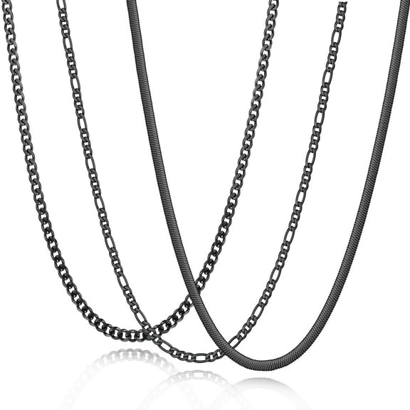 APSVO 3 Pcs Black Necklaces for Men Boys Women Stainless Steel Cuban Figaro Herringbone Chains Set Birthday Valentines Day Jewelry Gifts Teen Him Husband Dad Adults Kids Ideas 16/18/20/22/24 Inch