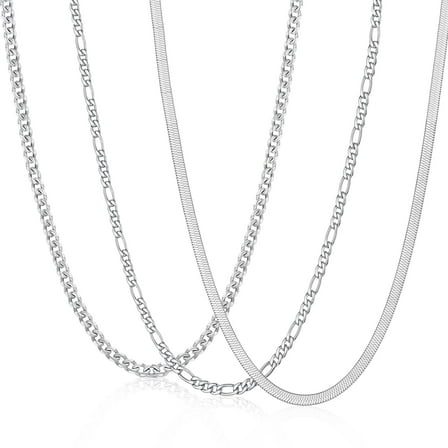 APSVO 3 Pcs Silver Necklaces for Men Boys Women Stainless Steel Cuban Figaro Herringbone Chains Set Birthday Valentines Day Jewelry Gifts Teen Him Husband Dad Adults Kids Ideas 16/18/20/22/24 Inch