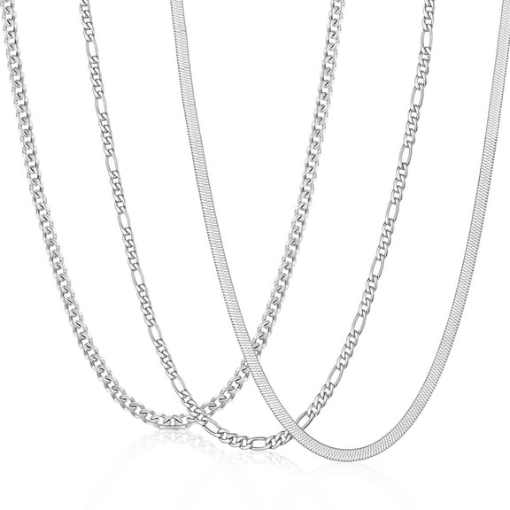 APSVO 3 Pcs Silver Necklaces for Men Boys Women Stainless Steel Cuban Figaro Herringbone Chains Set Birthday Christmas Jewelry Gifts Teen Dad Adults Stocking Stuffers for Kids 16/18/20/22/24 Inch