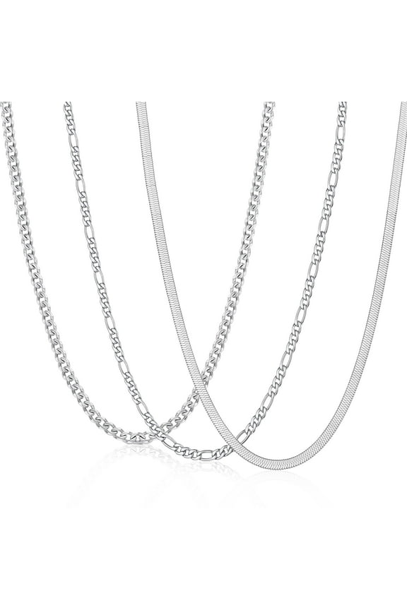 3 Pcs Silver Necklaces for Men Boys Women Stainless Steel Cuban Figaro Herringbone Chains Set Birthday Valentines Day Jewelry Gifts Teen Him Husband Dad Adults Kids Ideas 16/18/20/22/24 Inch