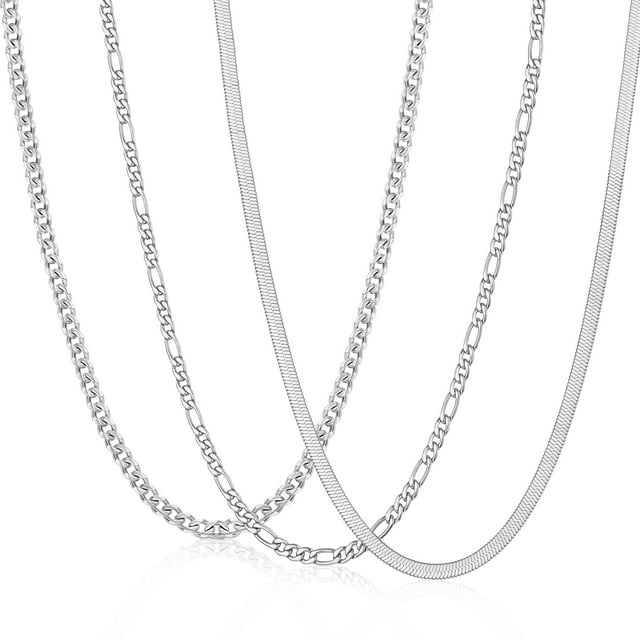 APSVO 3 Pcs Silver Necklaces for Men Boys Women Stainless Steel Cuban Figaro Herringbone Chains Set Birthday Graduation Fathers Day Jewelry Gifts Teen Him Dad Adults Kids Ideas 16/18/20/22/24 Inch