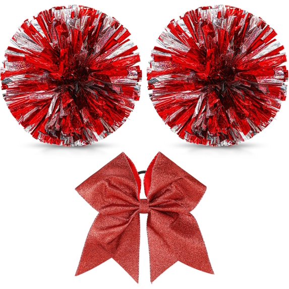 3 Pcs Cheerleading Pom Poms and Large Cheerleader Hair Bow Metallic Cheer Supplies for Team Spirit Sports Dance Cheering