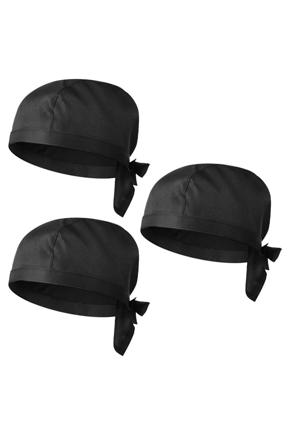 FUEENIRVA 3Pcs Bbq Cooking Hat Black Chef Turban with Ribbon for Catering and Kitchen Use
