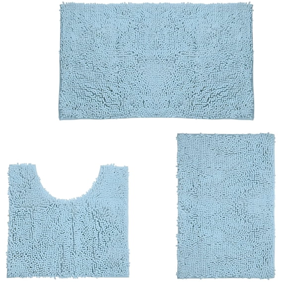 Chenille Bath Rug Set, 3 Piece Ultra Soft & Non Slip Bathroom Mats, Quick Dry Toilet U-Shaped Mat with High Absorbency, Sky Blue