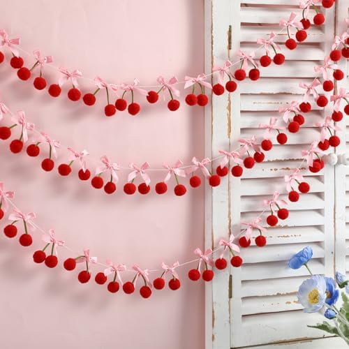 3 Pcs Cherry Garland Decor 6.6 ft Cherries Party Decoration DIY Pom Pom Felt Cherries Fruit Hanging Banner Bunting Ornaments for Wedding Baby Birthday Bachelorette Party Favor