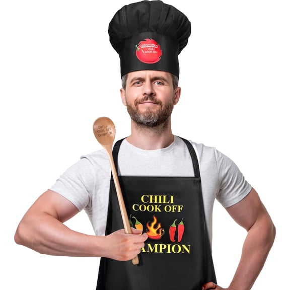 3 Pcs Chili Cook off Chef Prizes Set, Chili Cook off Contest Trophies, Black Bib Apron Adjustable Chef Hats Spoon for Kitchen Cooking Men Women Festivals Gift Accessories