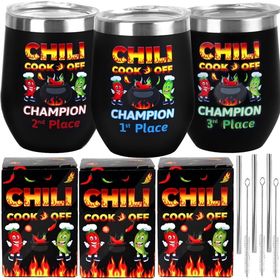 3 Pcs Chili Cook Off Prizes Trophies Cups 1st 2nd 3rd Place Chili Cups Awards 12 oz Stainless Steel Insulated Tumbler with Lids Straws Brush Chili Boxes Chili Cook Off Decorations Supplies
