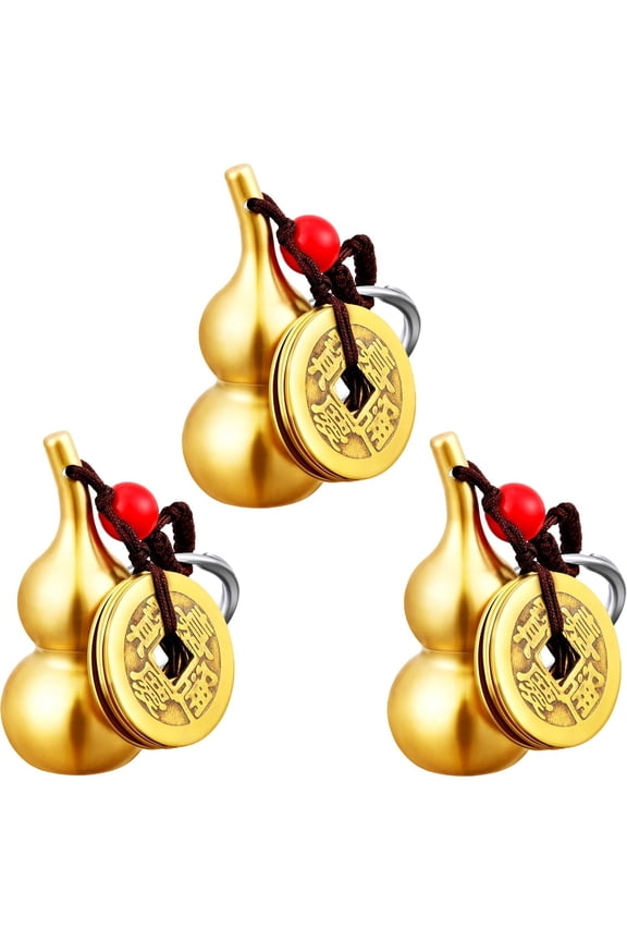3 Pcs Chinese Gourd Feng Shui Brass Wu Lou Keychains with five Coins Calabash Pendant Key Rings for Good Luck Fortune Longevity Wealth Success to Friends Families Lovers