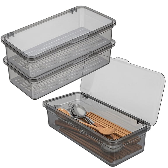 3Pcs Flatware Tray with Lid and Drainer, Large Plastic Silverware Utensil Kitchen Drawer Organizer Clear Cutlery Storage Container Dinnerware Holder Box for Home Travel