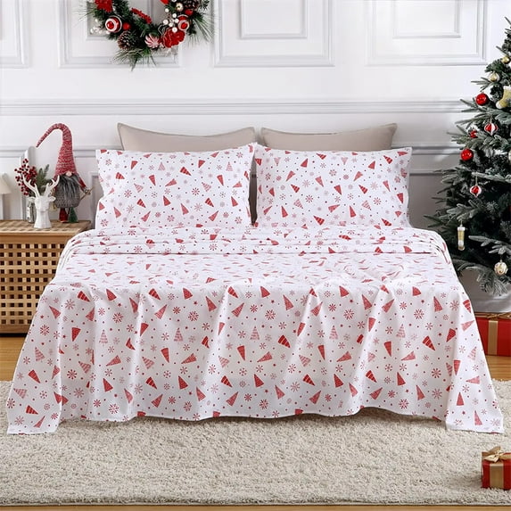 3 Pcs Christmas 100% Cotton Flannel Printed Bed Sheet Set, 16 Inch Deep Pocket Sheets