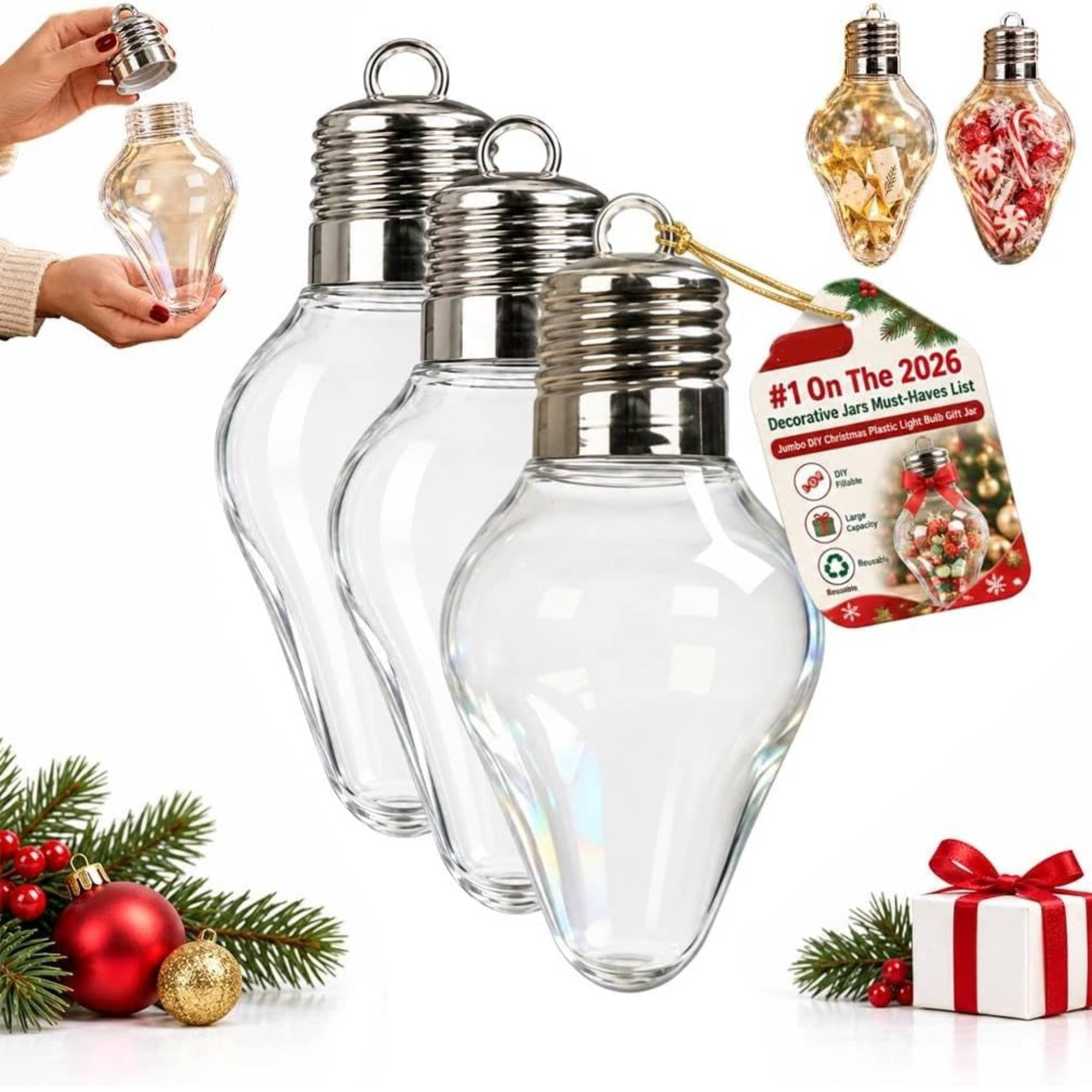 3 Pcs Christmas Bulb Gift Jar, Large Fillable Xmas Light Bulb Clear ...