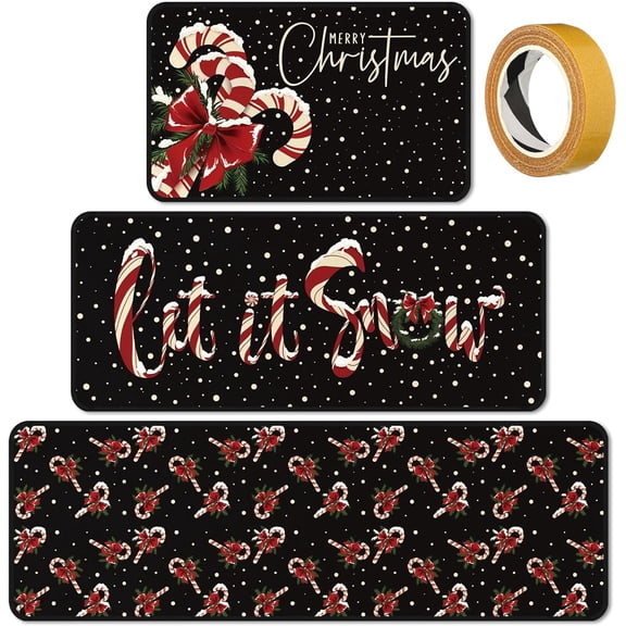 3 Pcs Christmas Candy Cane Kitchen Rugs Set Let It Snow Xmas Mats Non Slip Winter Floor Mat for Kitchen Floor Hallway Laundry Sink and Bathroom, 20 x32 20 x47, 20 x59