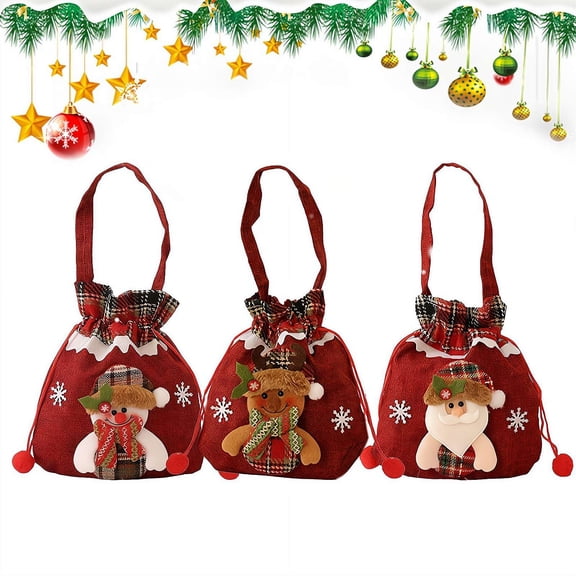 3 Pcs Christmas Gift Bags, Reusable Fabric Drawstring Gift Bags for Small Christmas Gifts, Candy, Apples, Toys, Holiday Gift Packaging Bags for Party and Festival