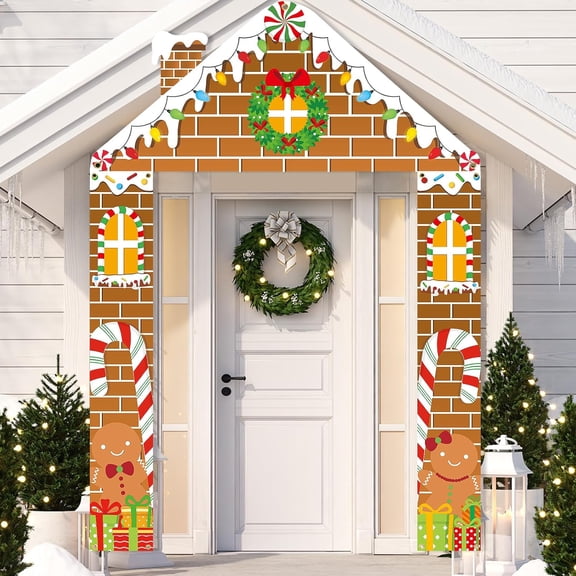 3 Pcs Christmas Gingerbread Door Decoration Ginger Bread House Door Cover Merry Christmas Outdoor Banner Set Xmas Hanging Porch Sign for Classroom Office Party Home Winter Holiday Decor