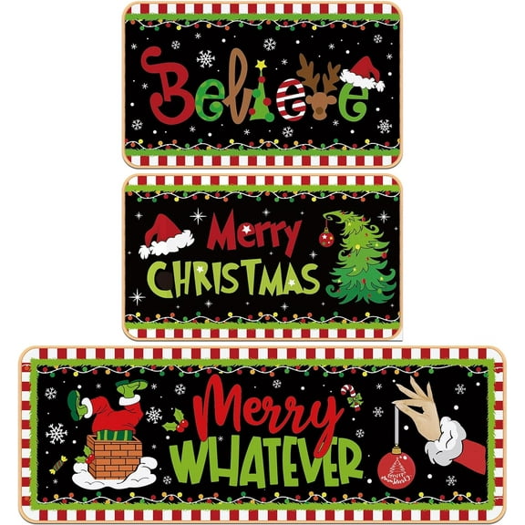 3 Pcs Christmas Kitchen Rug and Mat Set Washable Lime Green Black Kitchen Floor Mat Non Slip Xmas Tree Doormat Farmhouse Whimsical Christmas Decor for Home Office Bathroom Party Rustic Decor