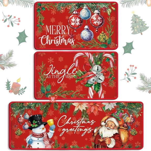 3 Pcs Christmas Kitchen Rugs and Mats Set Xmas Winter Farmhouse Non Slip Rugs Christmas Snowman Candy Holly Berries Floor Mats for Kitchen Home Hallway Holiday Decor, 17 x 29 and 17 x 47 Inch