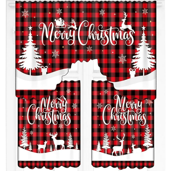 3 Pcs Christmas Kitchen Window Tier Curtains and Valance Set Xmas Tree Deer Red Black Buffalo Plaid Christmas Curtains for Bedroom Living Room Kitchen Decor, 54"L x 24"W Valance