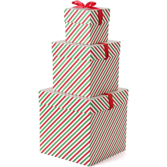 3 Pcs Christmas Nesting Gift Boxes Candy Cane Striped Christmas Stackable Boxes Decorative with Lids for Present Wrapping Xmas New Year Holiday Party Decor(Green Red Stripe)
