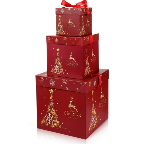 3 Pcs Christmas Nesting Gift Boxes with Lid Nesting Boxes Xmas Boxes for Gifts Red Christmas Tree Gift Wrap Boxes for Christmas Thanksgiving New Year Wrapping Presents and Decorations (Gold Trees)