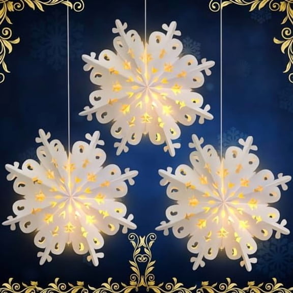 3 Pcs Christmas Paper Snowflake Lanterns with 5 LED Light 23.6 Inch 3D White Hanging Snowflake Lamps Winter Party Hanging Decoration for Xmas Trees Holiday Winter Weddings Birthday Celebration